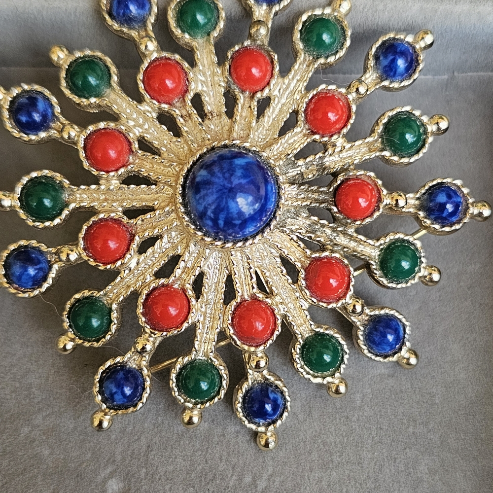 Sarah Coventry Gold Brooch with Red, Blue, and Green Accents
